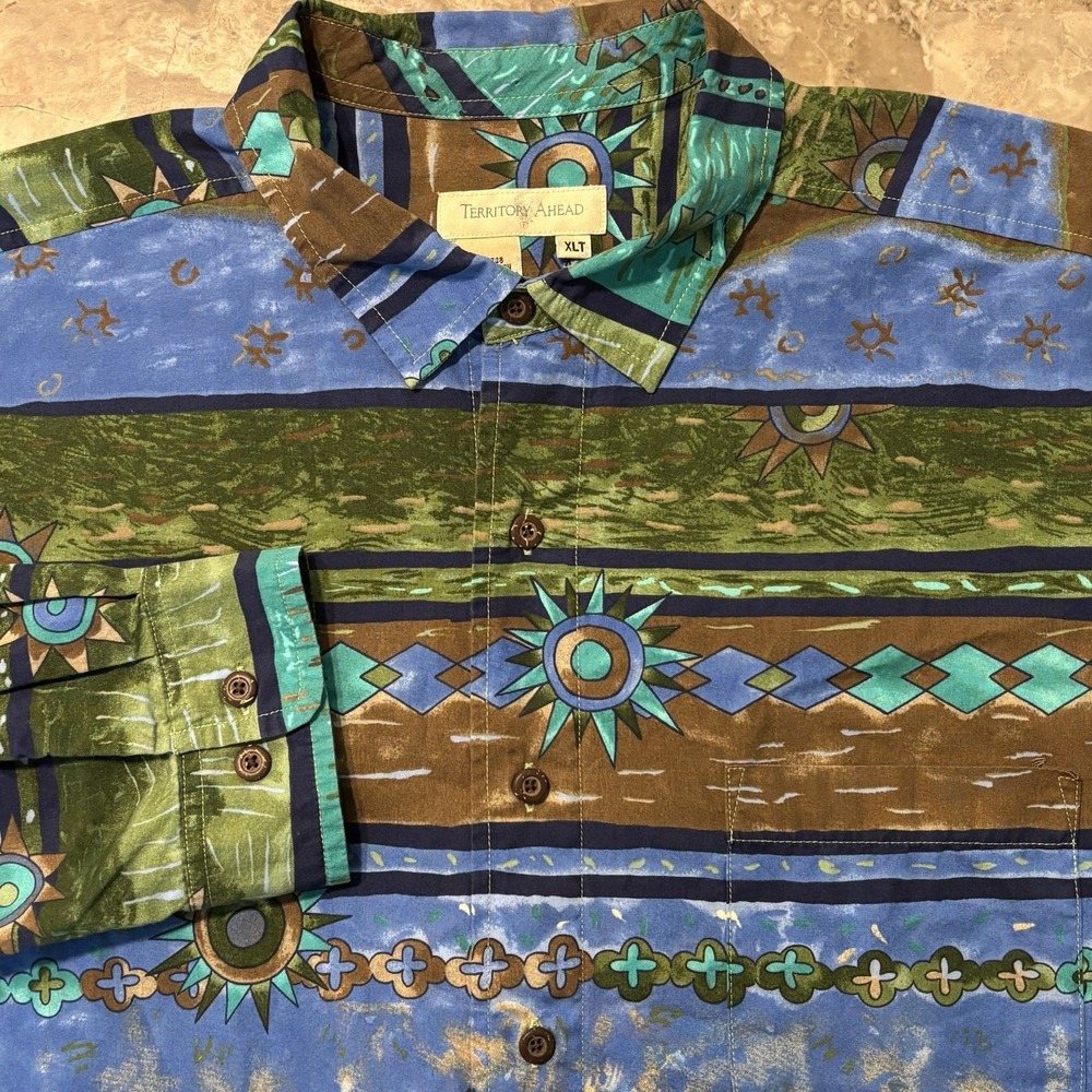 The Territory Ahead Shirt Mens XLT XL Tall Aztec Earth Art Long Sleeve Button